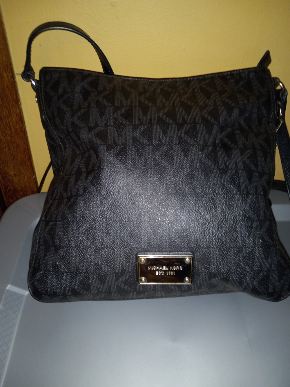 Michael Kors Black MK Logo Shoulder Bag with Gold Plaque
